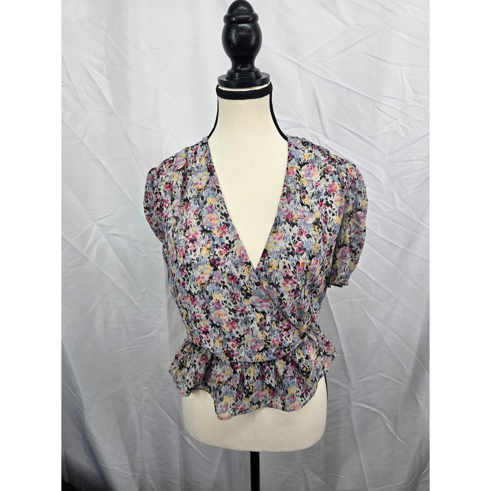AllSaints Floral Wrap Peplum Blouse Short Puff Sleeve V-Neck Top MultiColor US 4